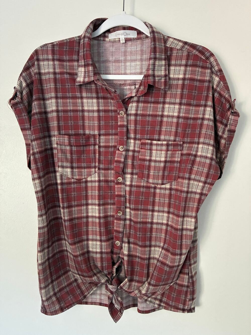 Eden & Olivia Red Plaid Short Sleeve Button Down Cowgirl Fall Top Size L
